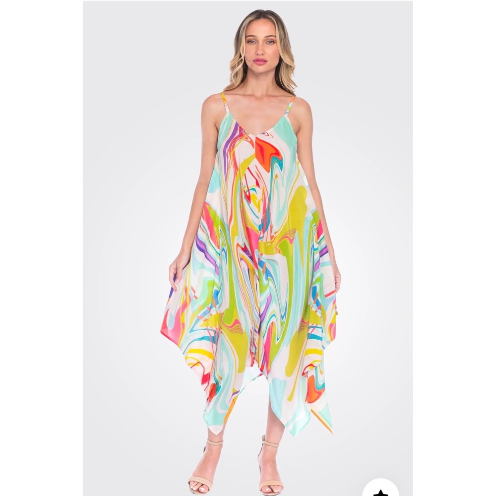 Tolani Silk Drew Dress Boho Resort Handkerchief Hem Midi Size M Artcore Luxe Med